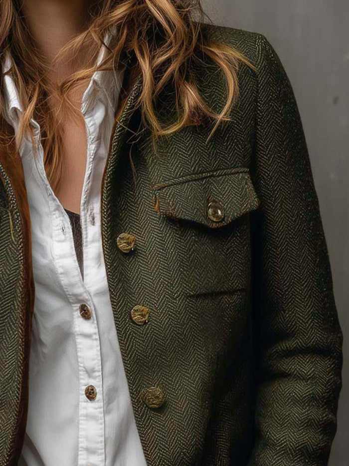 Women's Tweed Blazer UK – Olive Herringbone Velvet Trim | The Maeve | Huna