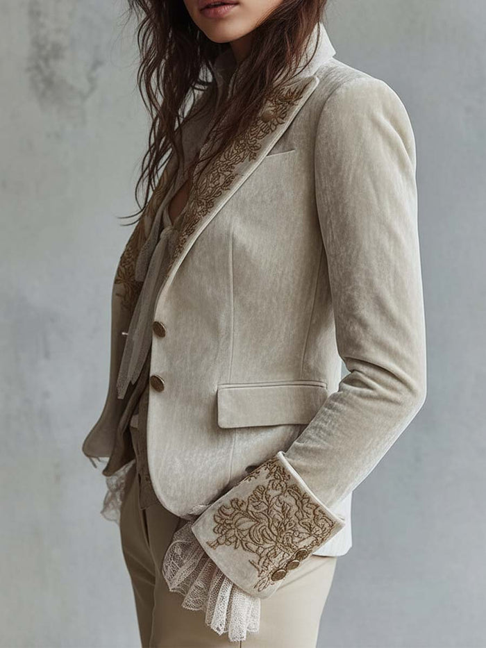 Women's Velvet Blazer UK – Ivory Embroidered Lace Cuffs | The Seraphina | Huna