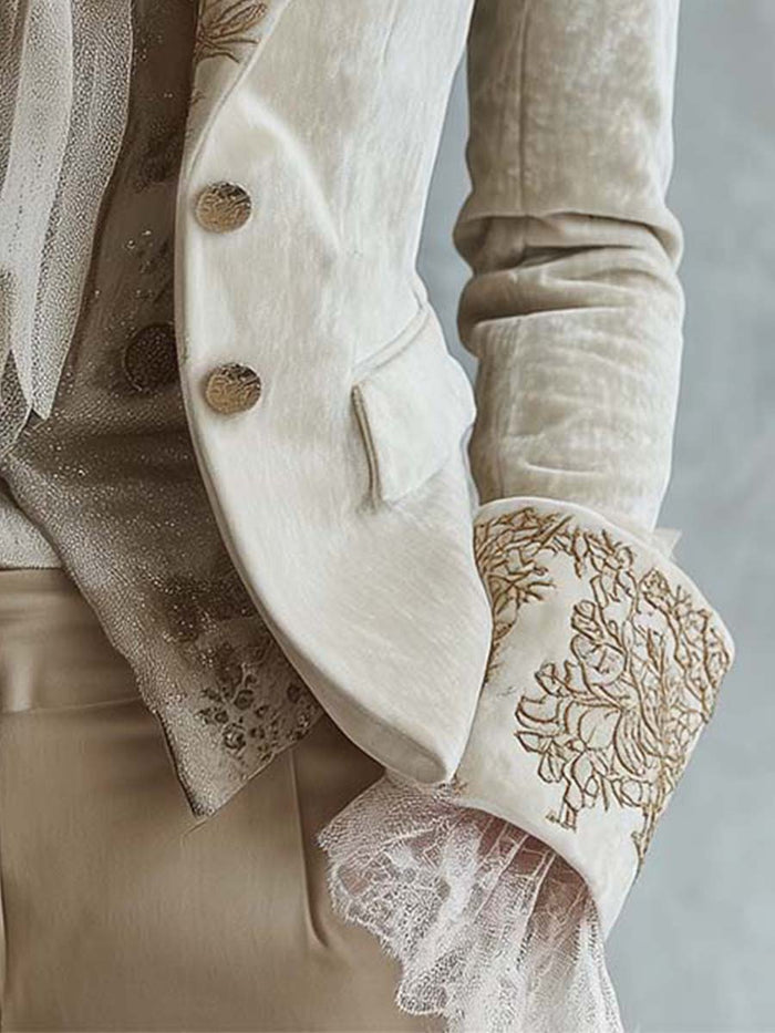Women's Velvet Blazer UK – Ivory Embroidered Lace Cuffs | The Seraphina | Huna
