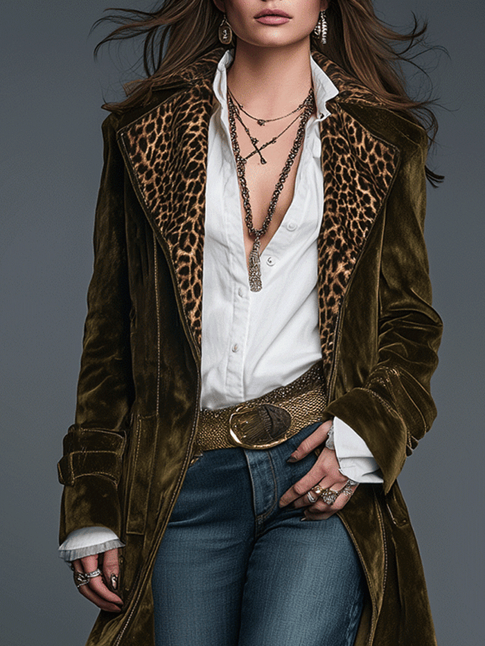 Women's Velvet Long Coat UK – Leopard Lapel | The Rhea | Huna