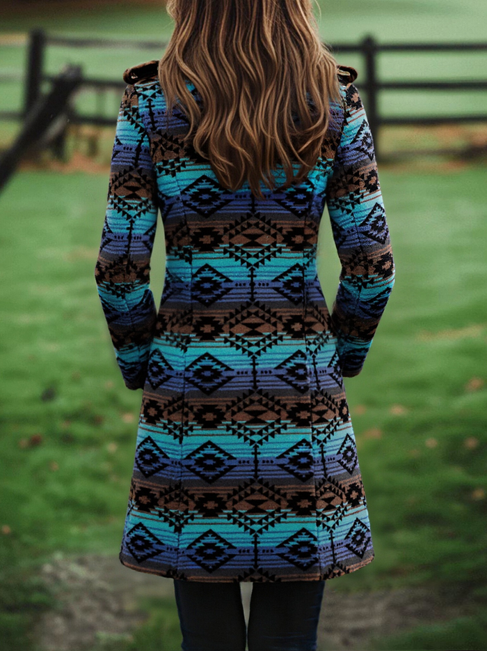 Women's Wool Coat UK – Longline Tribal Print | The Marlowe | Huna