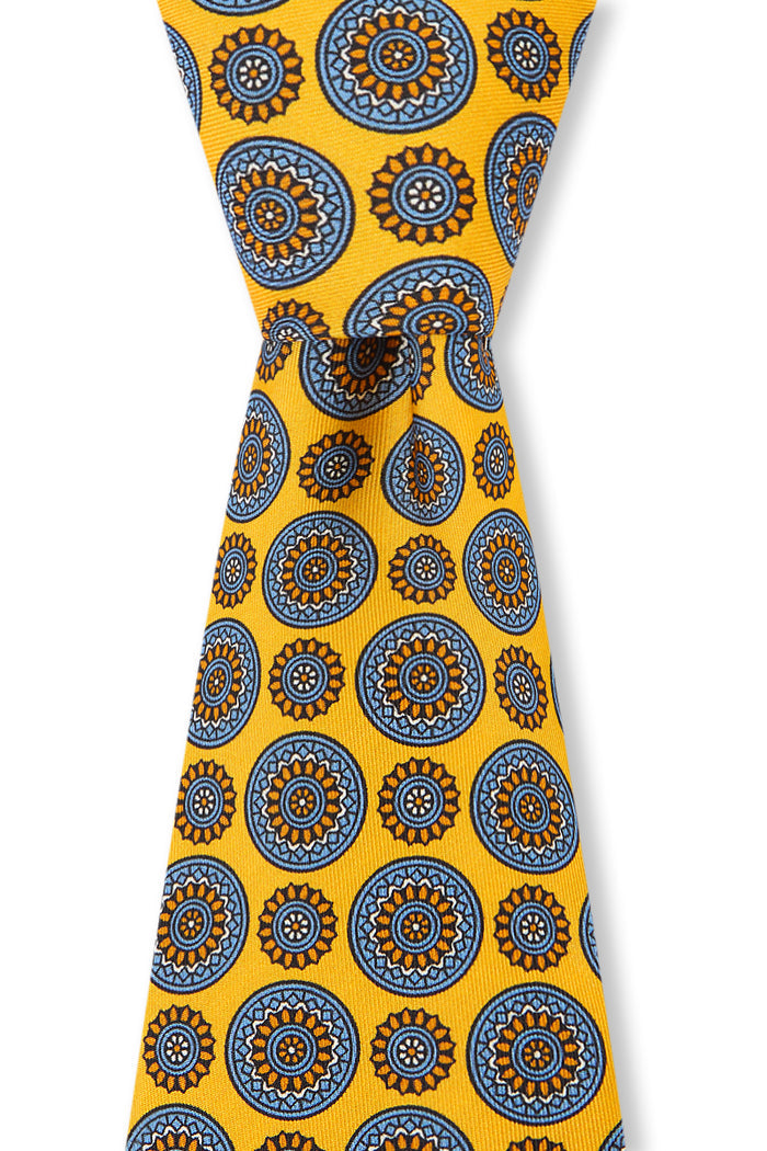 Yellow Floral Medallion Print Silk Tie