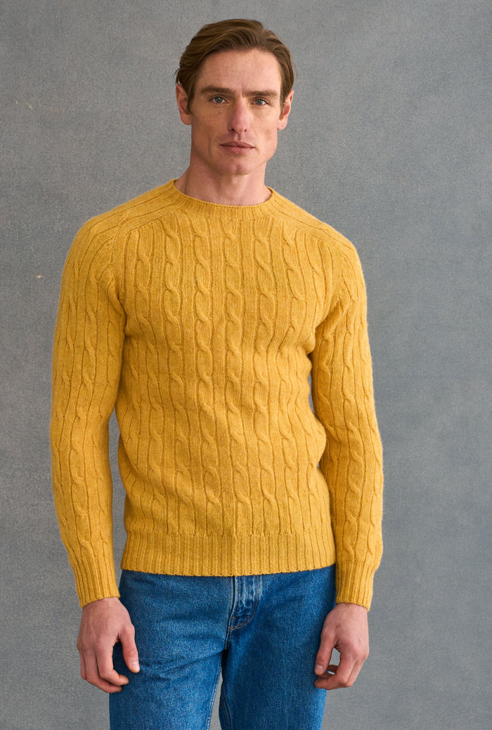 Yellow Lambswool Cable Knit Crew Neck Jumper