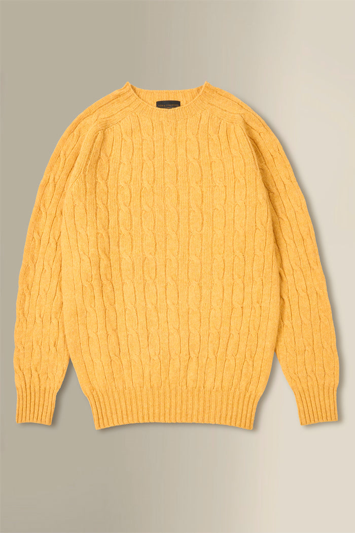 Yellow Lambswool Cable Knit Crew Neck Jumper